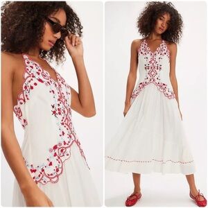 Valencia Embroidered White and Red Halter Midi Dress